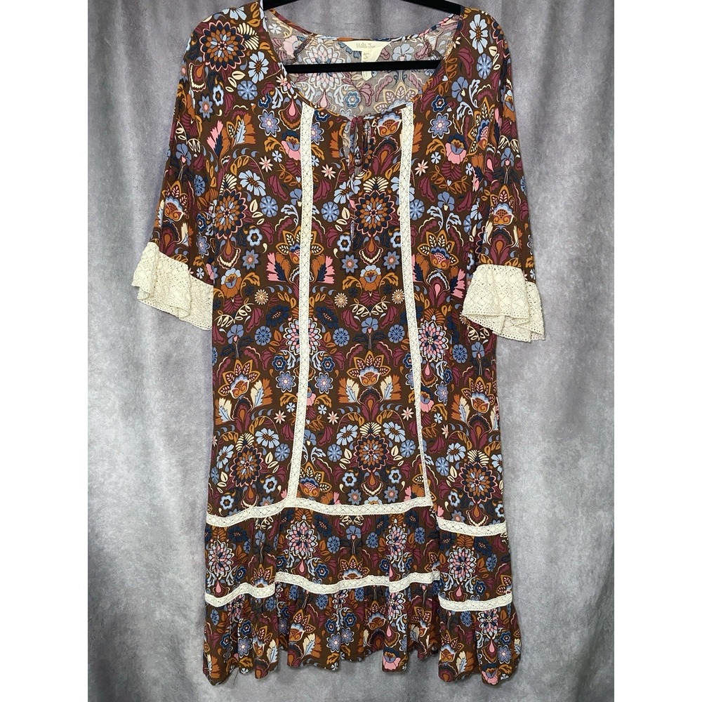 Matilda Jane Womens Dress Brown Floral Shift Lace Size Large Boho Chic
